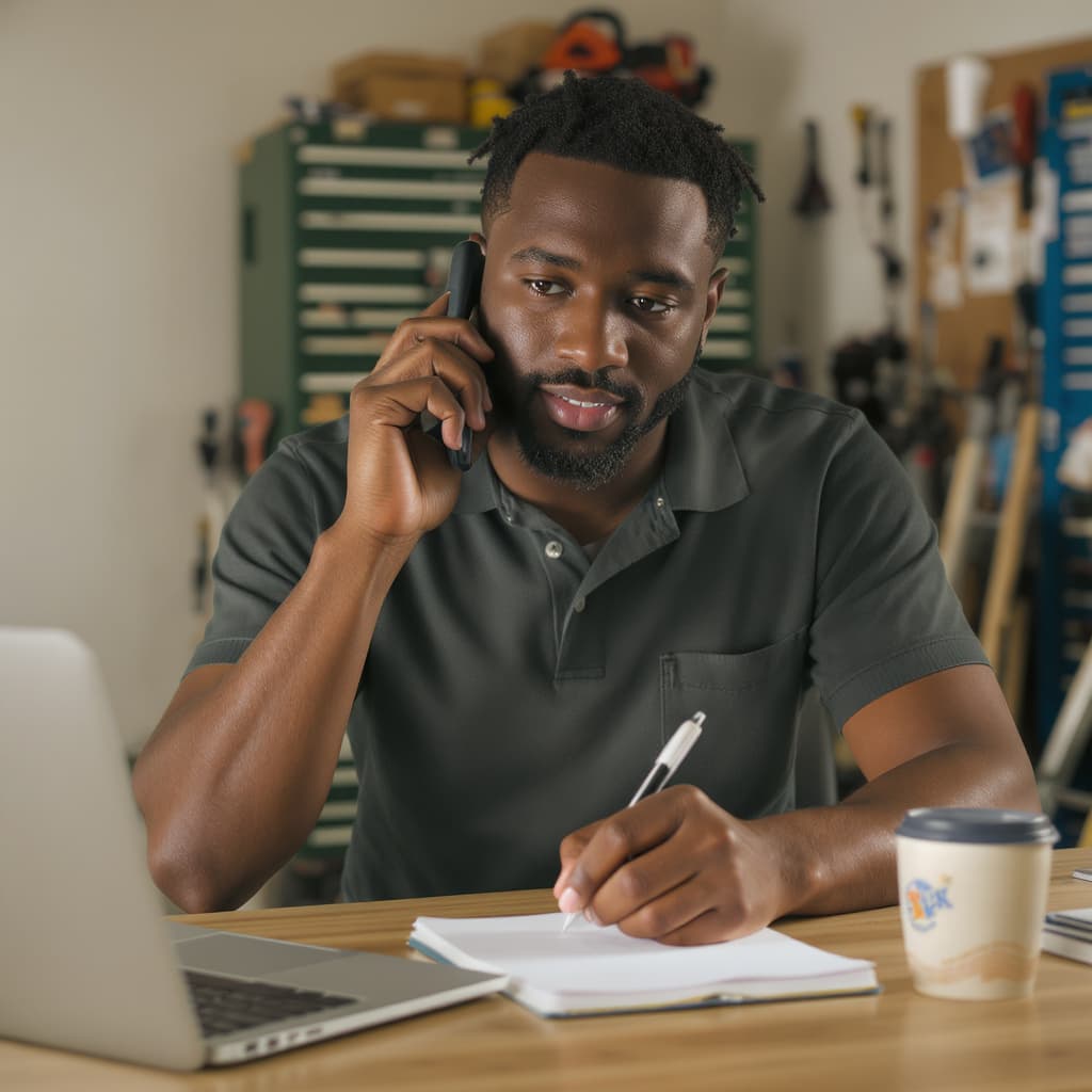 Service coordinator answering a call and writing notes at a trade shop workbench.