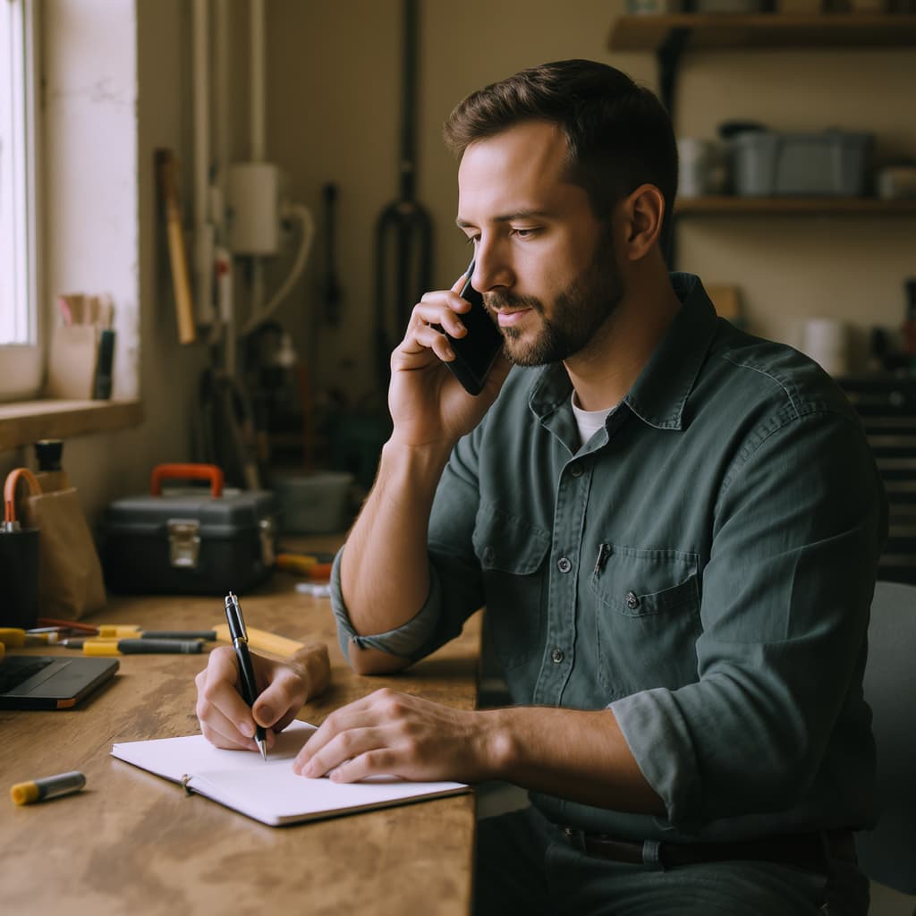A service coordinator taking a phone call and writing notes at a workshop desk.